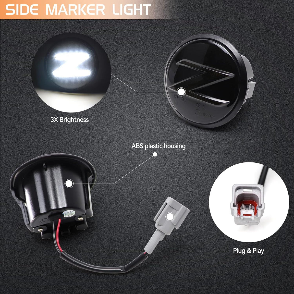 LED Side Marker Lights for Nissan 370z Z34 2009-2020, 350z Z33 2003-2009 Front Fender Sequential White Turn Signals Parking Lamps, Smoked Lens