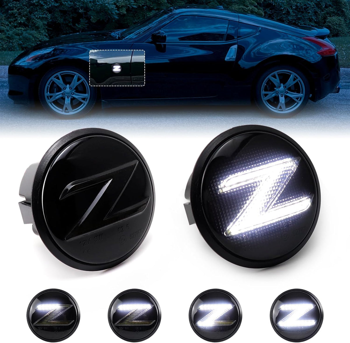 LED Side Marker Lights for Nissan 370z Z34 2009-2020, 350z Z33 2003-2009 Front Fender Sequential White Turn Signals Parking Lamps, Smoked Lens