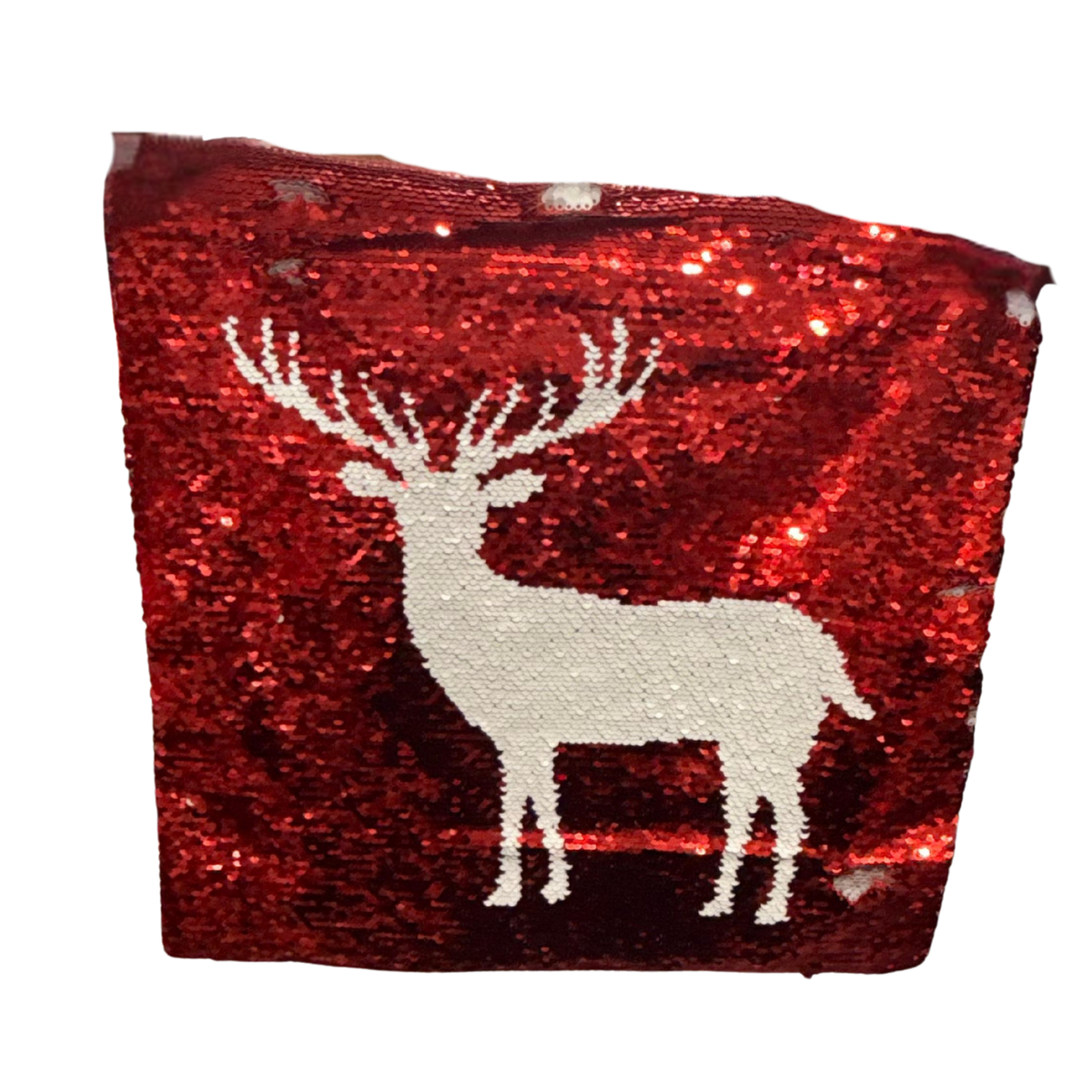 Red Reversible Sequin Pillow Cover – Christmas Reindeer Design