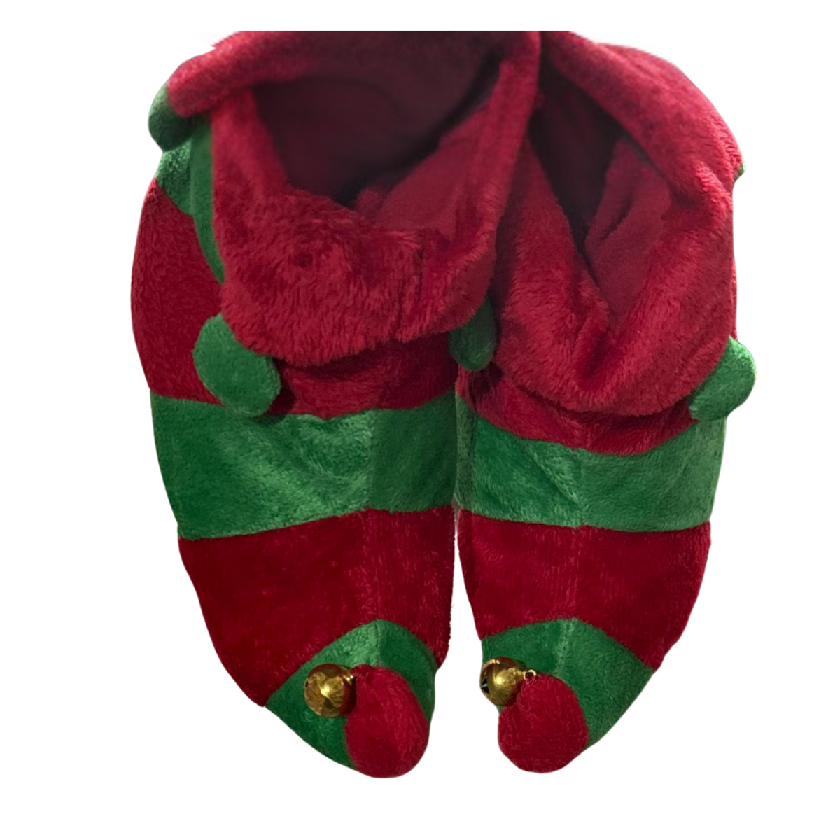 Plush Elf Slippers – Red & Green Christmas Holiday Shoes with Jingle Bells