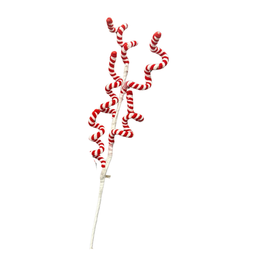Curvy Candy Cane Twig Pick - Whimsical Red & White Striped Christmas Stem