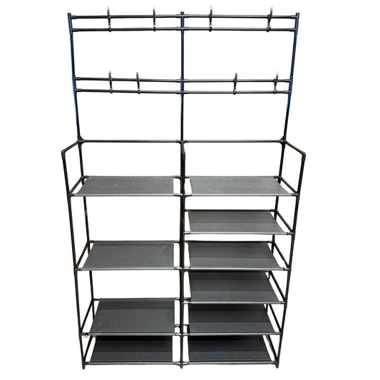 Multi-Tier Shoe & Storage Rack with Hanging Hooks
